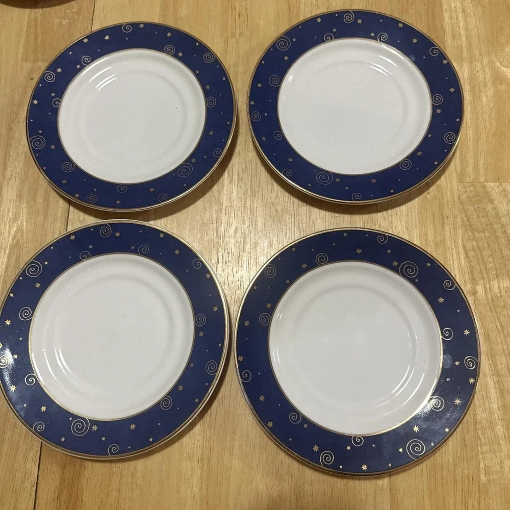 Set of 4 Sakura Hallmark Star‎ Light Christmas Saucers Cobalt Blue/Gold Trim
